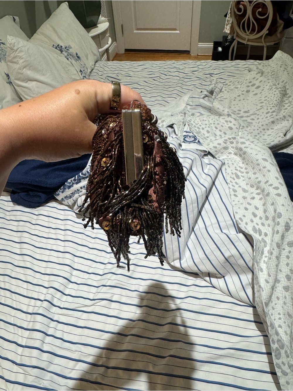 Beaded Fringe Evening Clutch Handbag in Deep Mauve - Picture 2 of 4